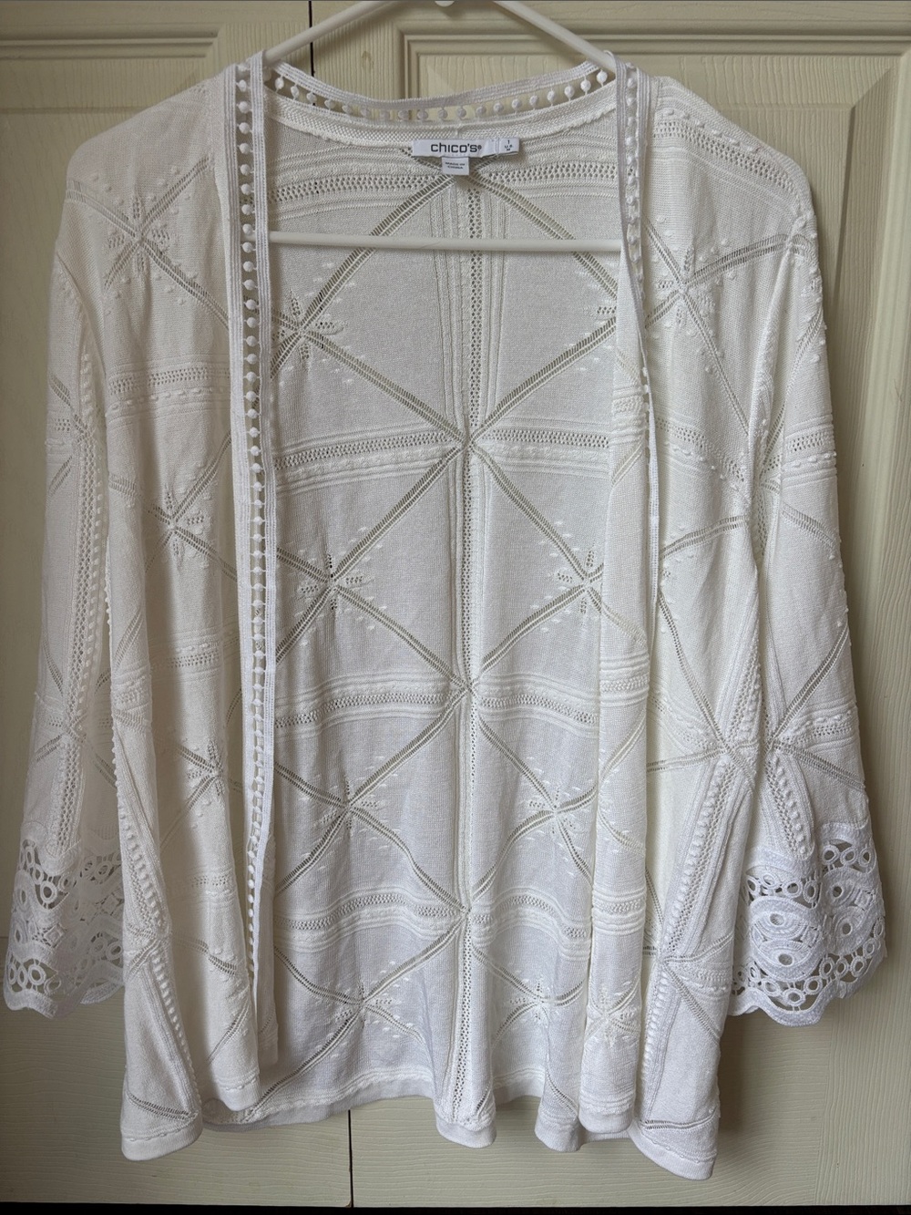 Chico's crochet White Open-Front Embroidered lace knit Cardigan bohemian women M